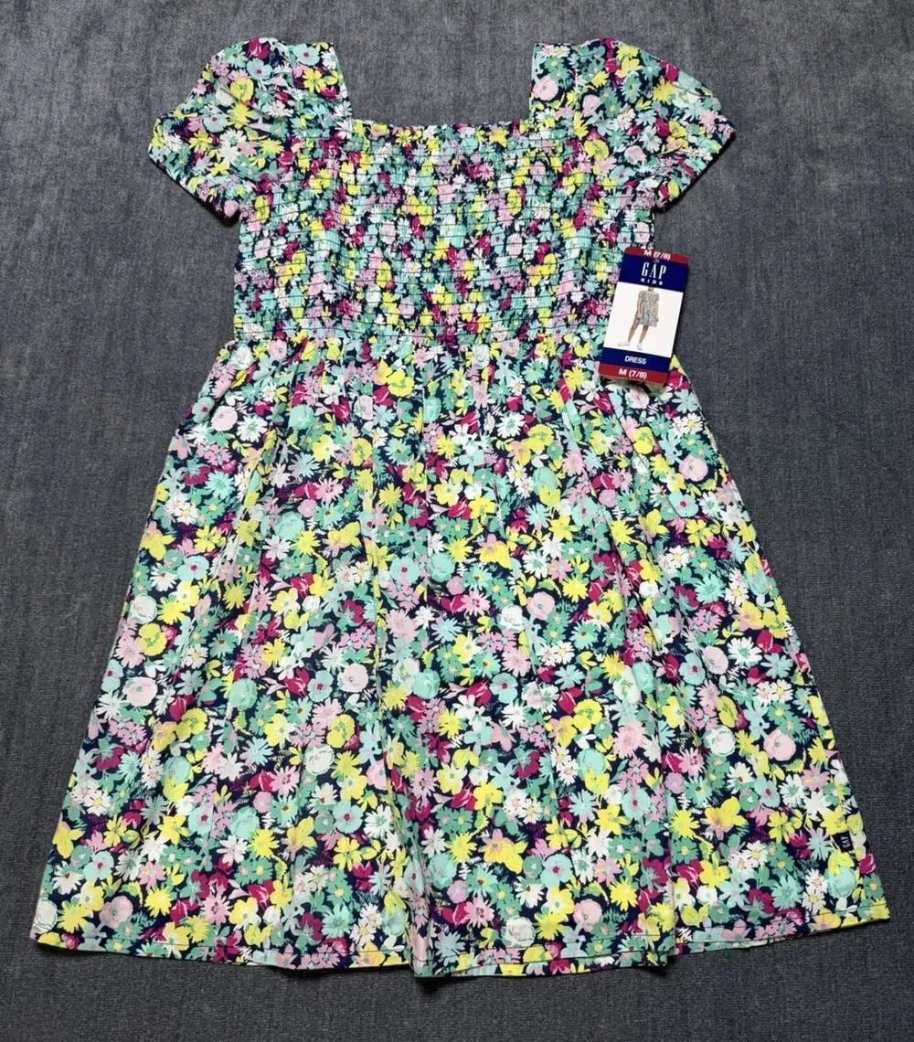 NWT Gap Knee Length Smocked Dress Girls M (7/8) Multicolor Floral Short-Sleeve
